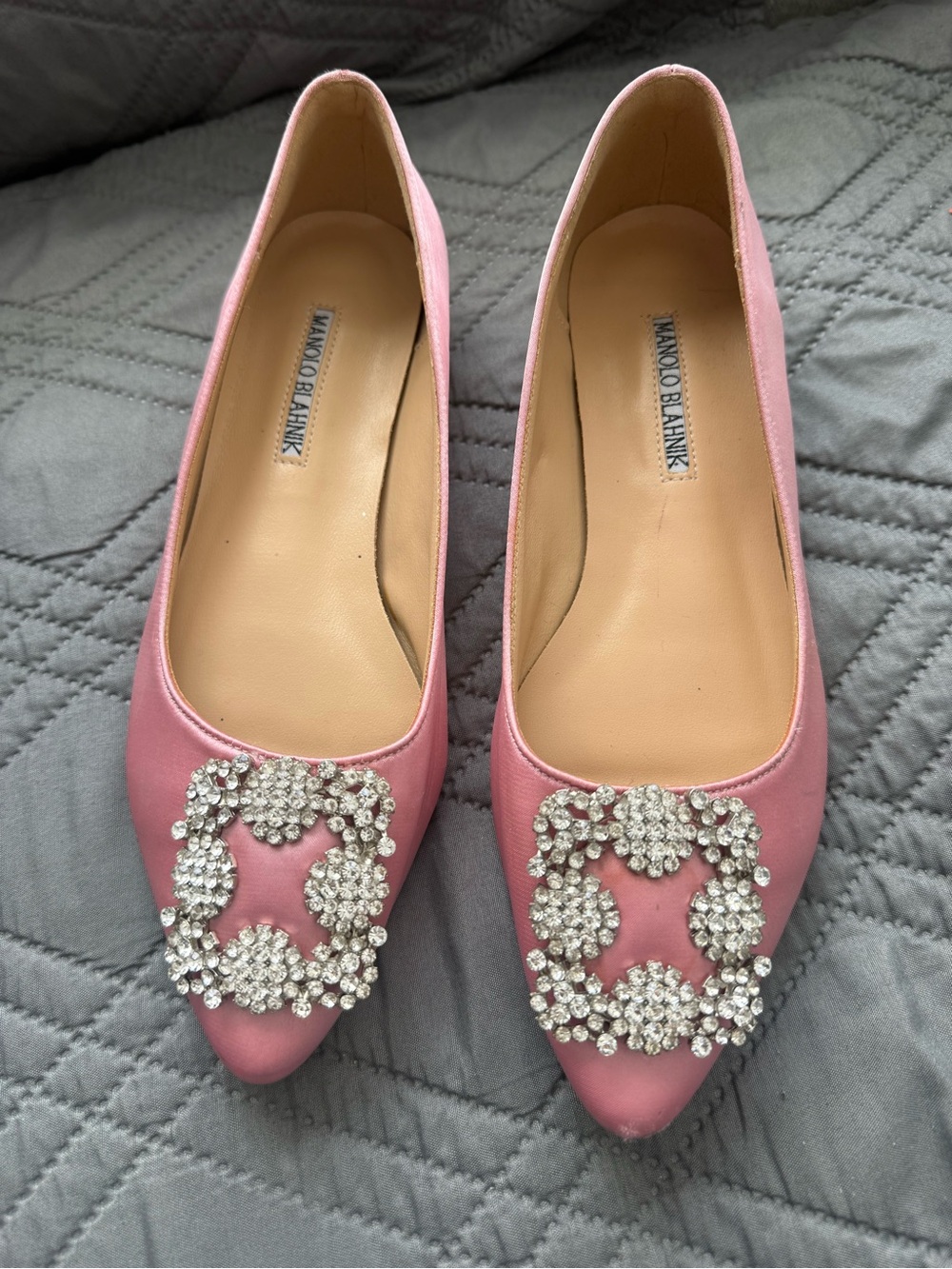 Manolo Blahnik Pink Satin Crystal-Embellished Pointed Flats